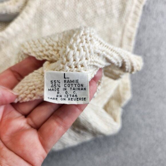 Vintage Sweater Womens L Cream Floral Crochet Open Knit 80s Skating Rink Prop - Picture 9 of 14
